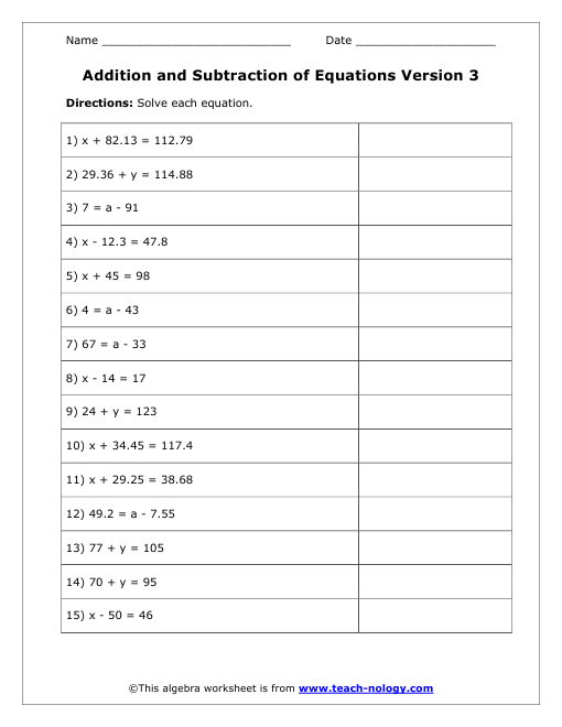 Addition and Subtraction of Algebra Equations Version 3