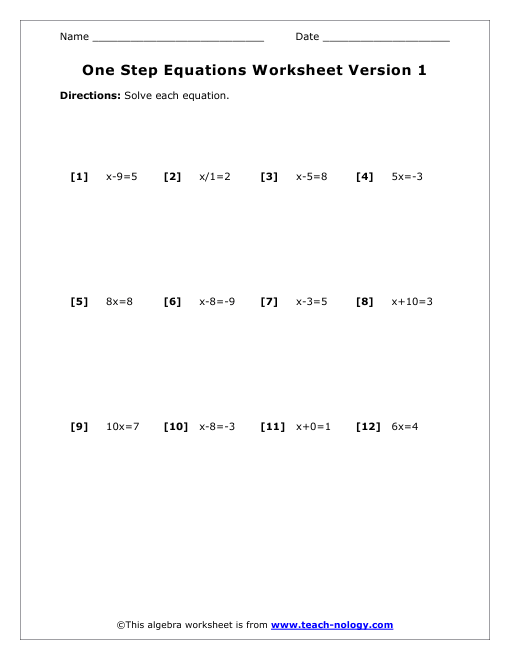 Single Step Equation Worksheet Version 1
