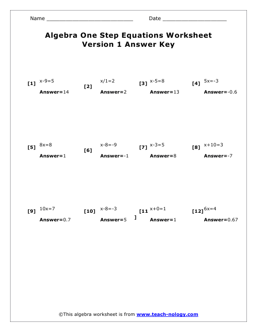 Single Step Equation Worksheet Version 1 Answer Key