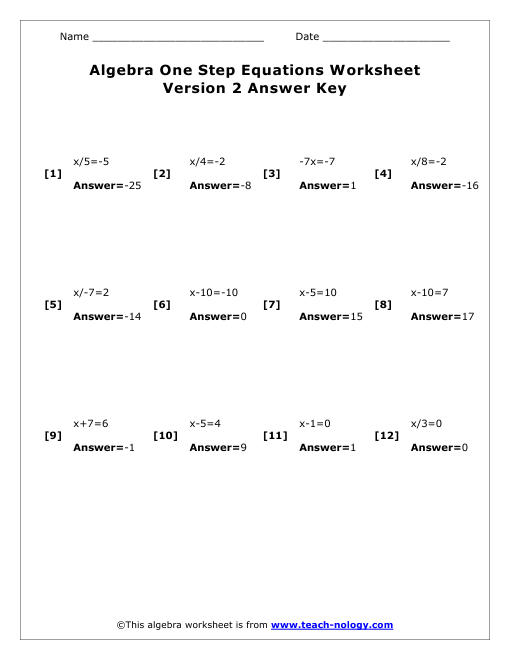 Single Step Equation Worksheet Version 2 Answer Key