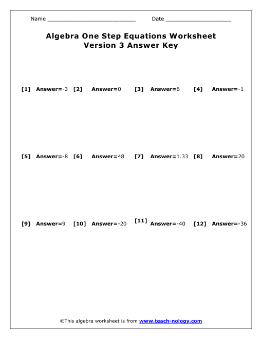 Single Step Equation Worksheet Version 3 Answer Key