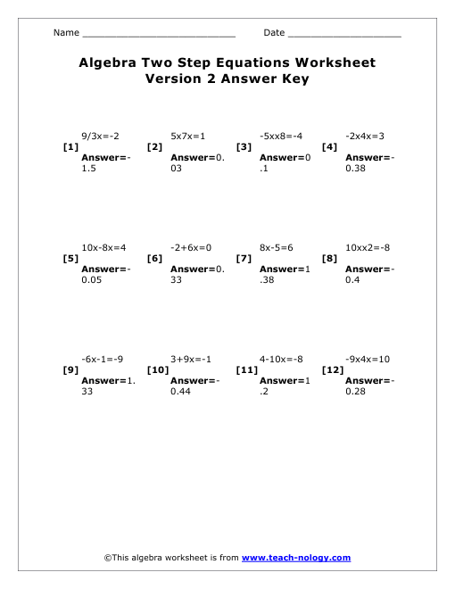 Two Step Equation Worksheet Version 2  Answer Key