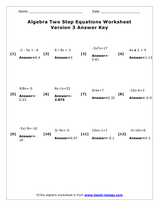 Two Step Equations Practice Worksheet Answer Key