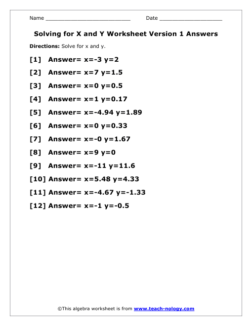 Key and X 1  and x worksheets for Version Answer Solving Y algebra y