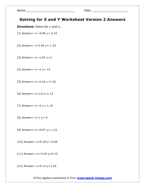 Solving for X and Y Version 2 Answer Key