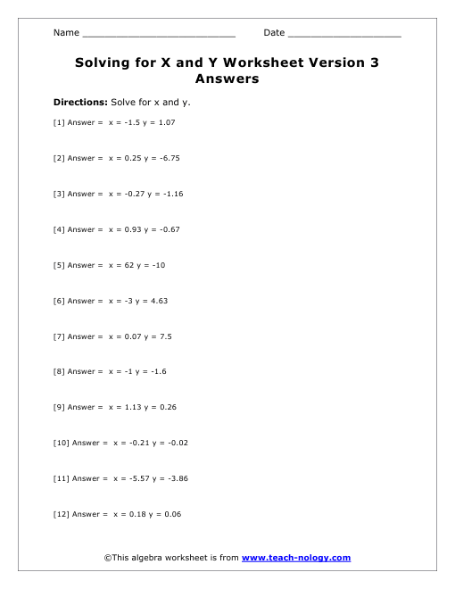 Solving for X and Y Version 3 Answer Key