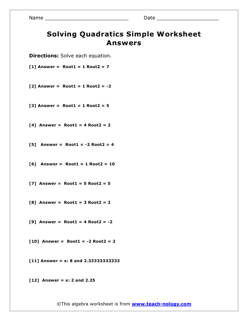 Solving Simple Quadratic Equations Answer Key