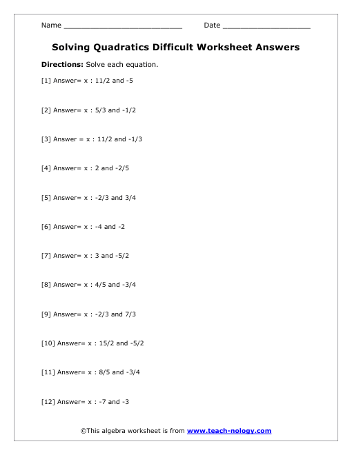 Solving Difficult Quadratic Equations Answer Key