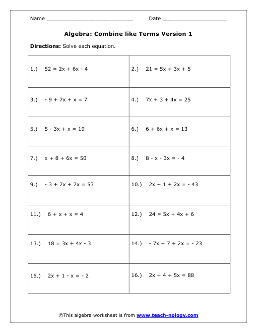 All Worksheets » Combining Like Terms Worksheets Printable Worksheets Guide for Children and All Worksheets » Combining Like Terms Worksheets Printable Worksheets Guide for Children and