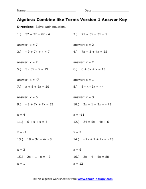 All Worksheets » Combine Like Terms Worksheets  Printable Worksheets Guide for Children and Parents