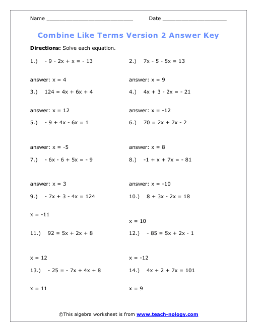 Combine Like Terms Worksheet Version 2 Answer Key