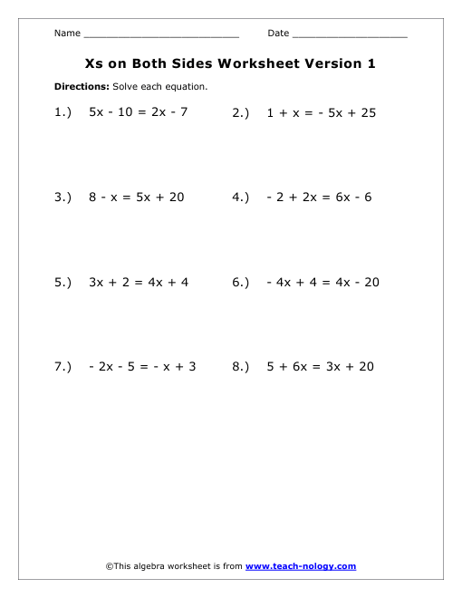 x worksheet For Algebra Worksheets  on Free algebra X Solve sides both