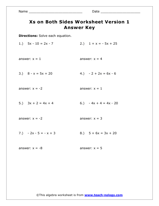 Version Sides sides 1 on algebra  both x worksheet X For Both Solving Key on Answer