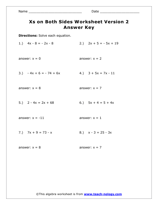 Solving For X on Both Sides Version 2  Answer Key