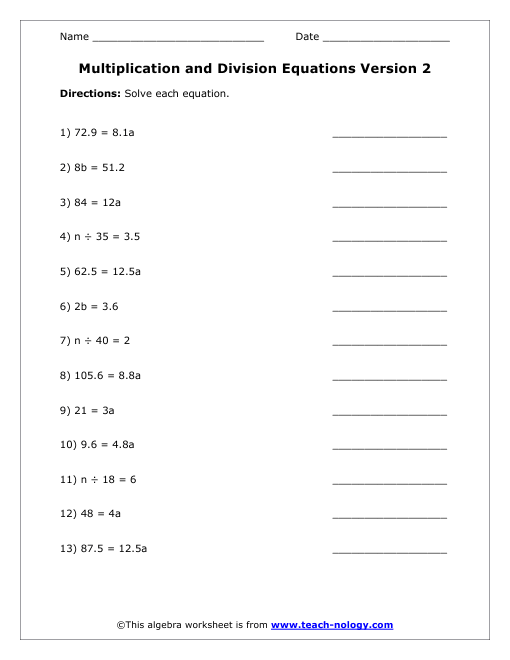 Multiplication and Division Equations Worksheet Version 2