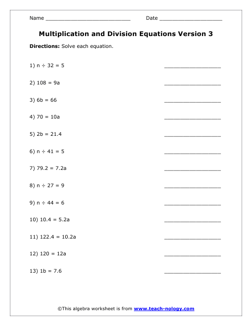 Multiplication and Division Equations Worksheet Version 3