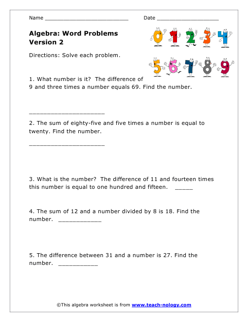 Algebra Worksheets Word Problems Free