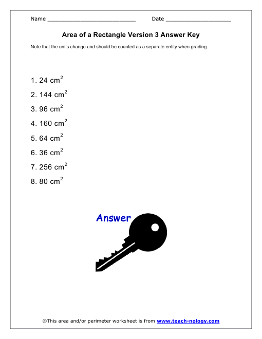 Area of a Rectangle Version 3 Answer Key