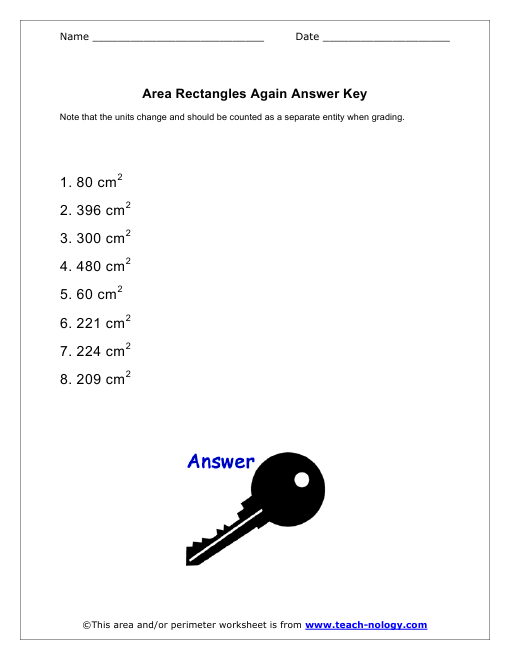 Area of a Rectangle Version 4 Answer Key