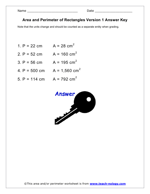Area and Perimeter of Rectangles Version 1 Answer Key