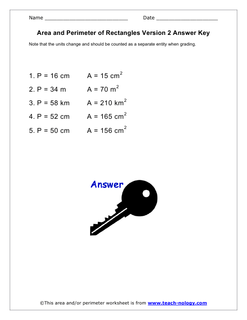 Area and Perimeter of Rectangles Version 2 Answer Key