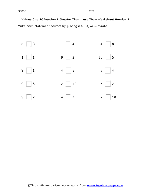 Values 0 to 10 Version 1 Greater Than, Less Than Worksheet Version 1