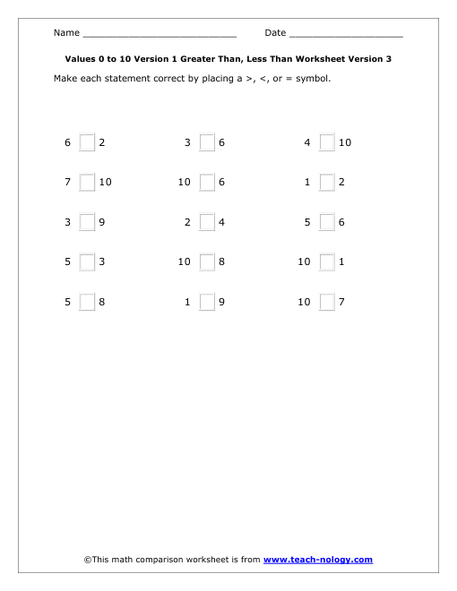 Values 0 to 10 Version 1 Greater Than, Less Than Worksheet Version 3