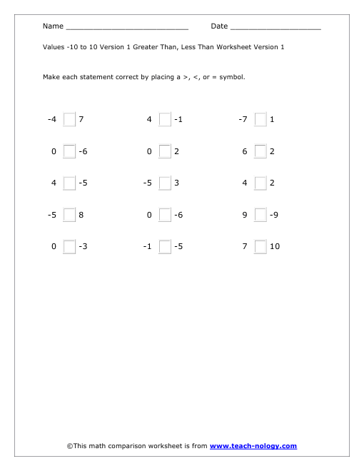 Values -10 to 10 Greater Than, Less Than Worksheet Version 1