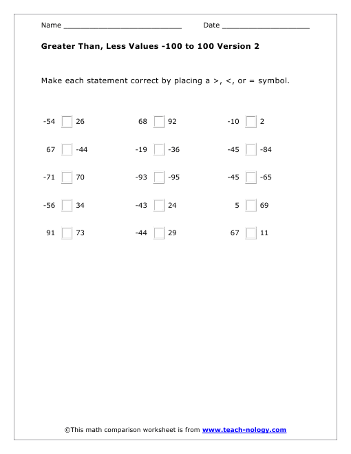 Greater Than, Less Values -100 to 100 Version 2