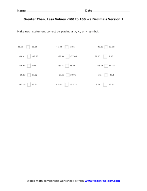 Greater Than, Less Values -100 to 100 w/ Decimals Version 1
