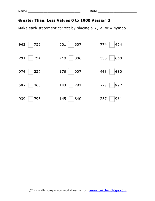Greater Than, Less Values 0 to 1000 Version 3