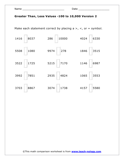 Greater Than, Less Values -100 to 10,000 Version 2