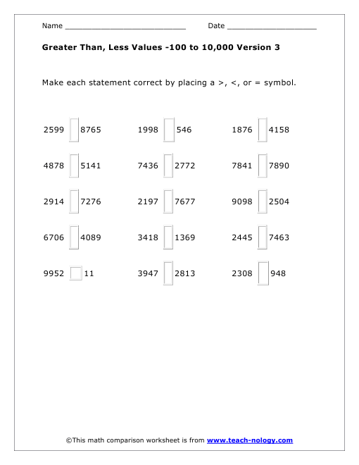 Greater Than, Less Values -100 to 10,000 Version 3