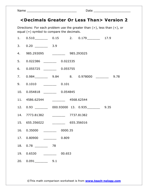 Decimals Greater Or Less Than Version 2