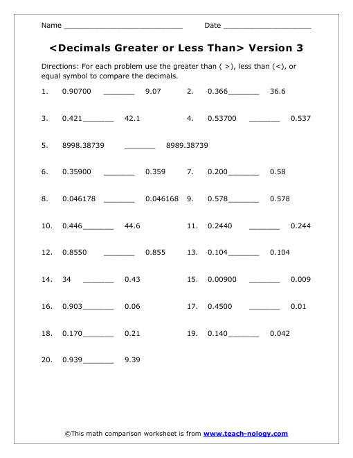 Decimals Greater Or Less Than Version 3
