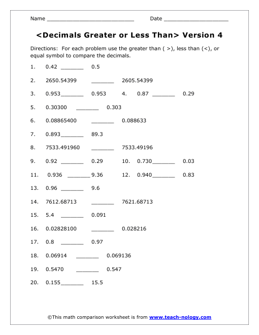 Decimals Greater Or Less Than Version 4