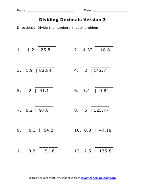 Dividing Decimals Vertically Version 3