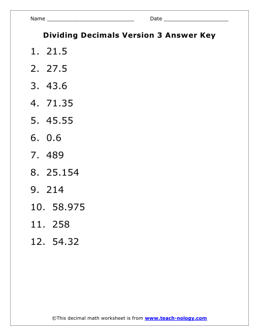Dividing Decimals Vertically Version 3 Answer Key