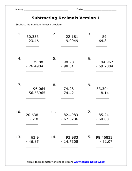 decimal-subtraction-worksheets