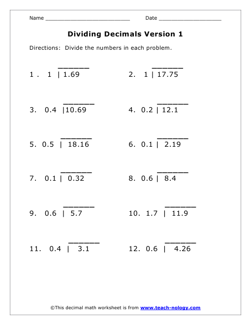 Dividing Decimals Word Problems Worksheet