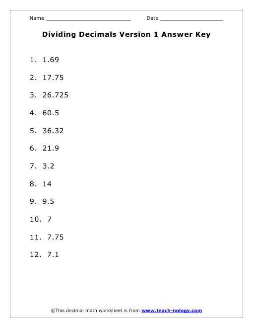 Dividing Decimals Vertically Version 1 Answer Key