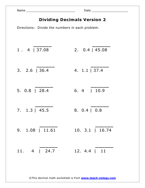 Dividing Decimals Vertically Version 2