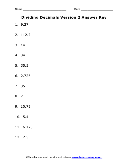 Dividing Decimals Vertically Version 2 Answer Key
