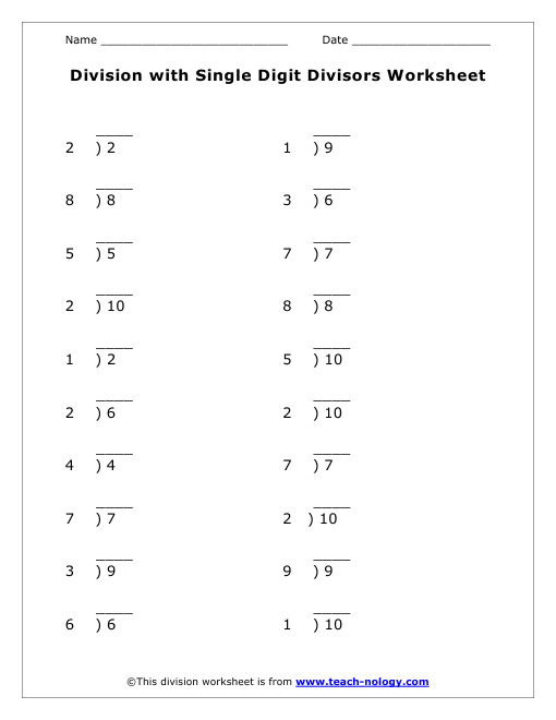 Free Printable Single Digit Division Worksheets