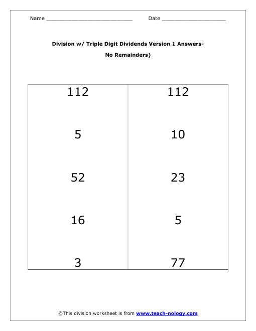 Triple Digit Dividends Answers for Version 1 - (No Remainders) Worksheet