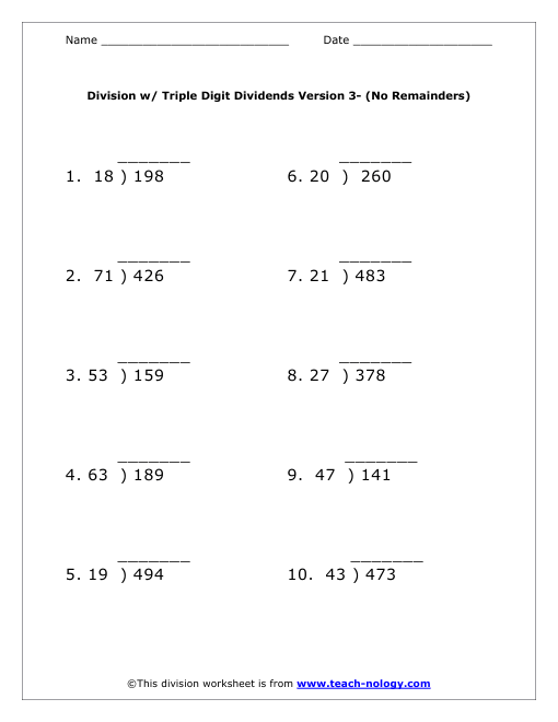 Triple Digit Dividends Worksheet Version 3 - (No Remainders) Worksheet