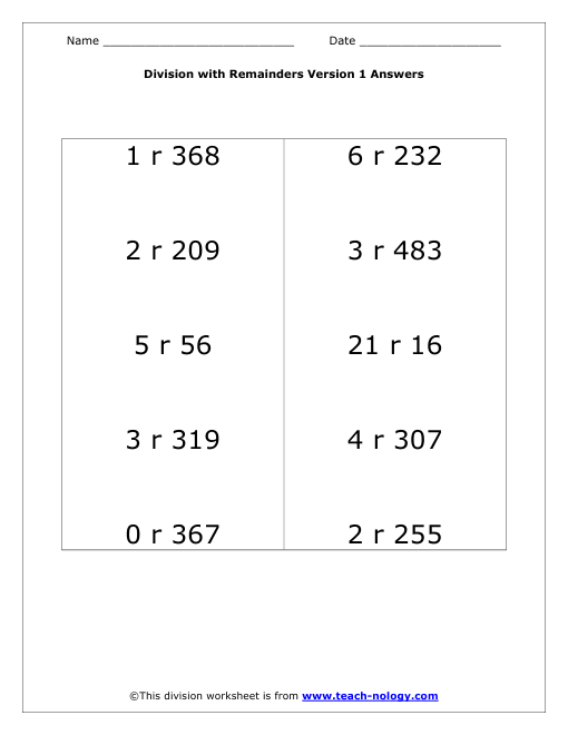 Division with Remainders Version 1 Answers Worksheet