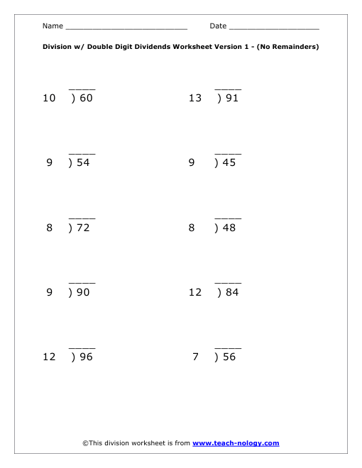 Double Digit Dividends Worksheet Version 1 - (No ...