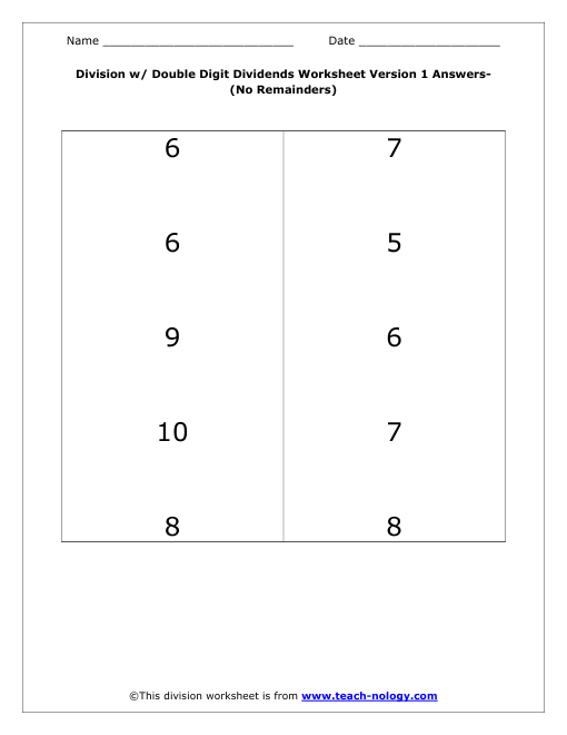 Double Digit Dividends Answers for Version 1 - (No Remainders) Worksheet