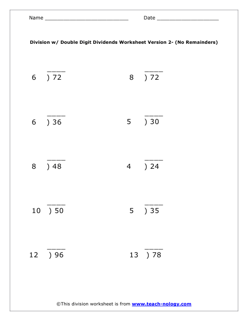 Double Digit Dividends Worksheet Version 2 - (No Remainders) Worksheet